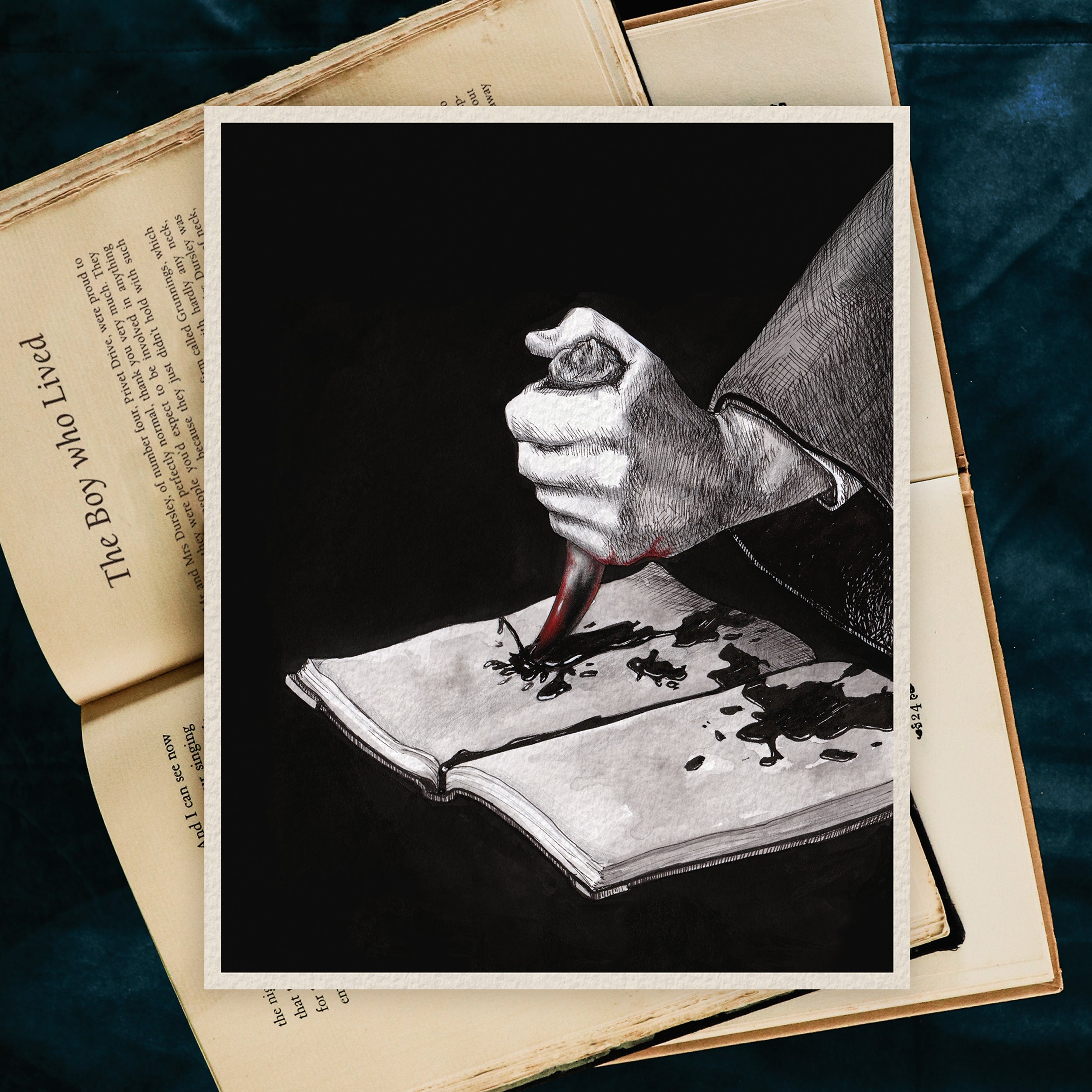 Horcrux Tom Riddles Diary stabbing with Basilisk fang black ink stains handmade art print by Kimro Studio