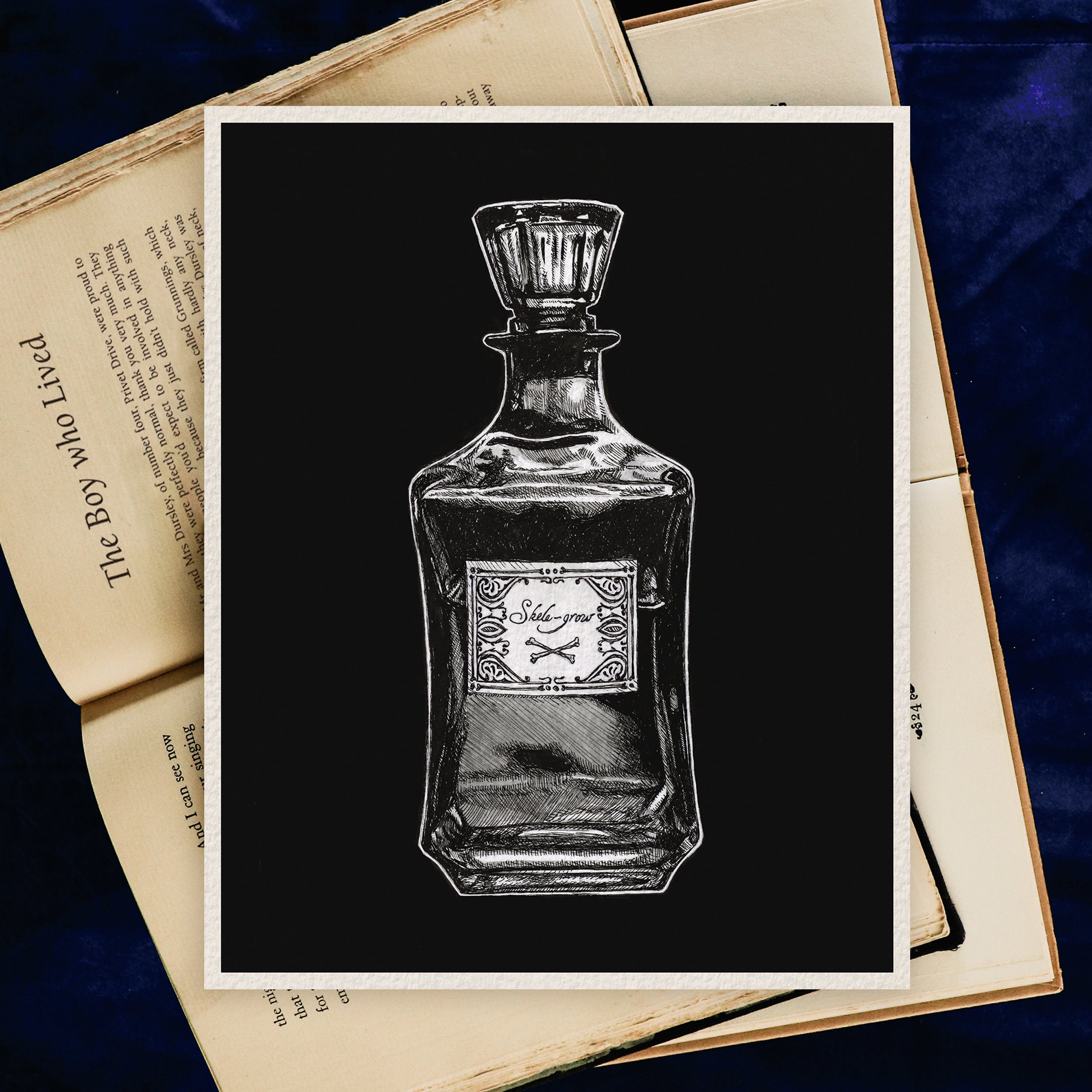 Skelegrow Magic Potion Bottle Harry Potter Hogwarts Wizard School Illustration Vintage Victorian label design black and white ink drawing handmade art print