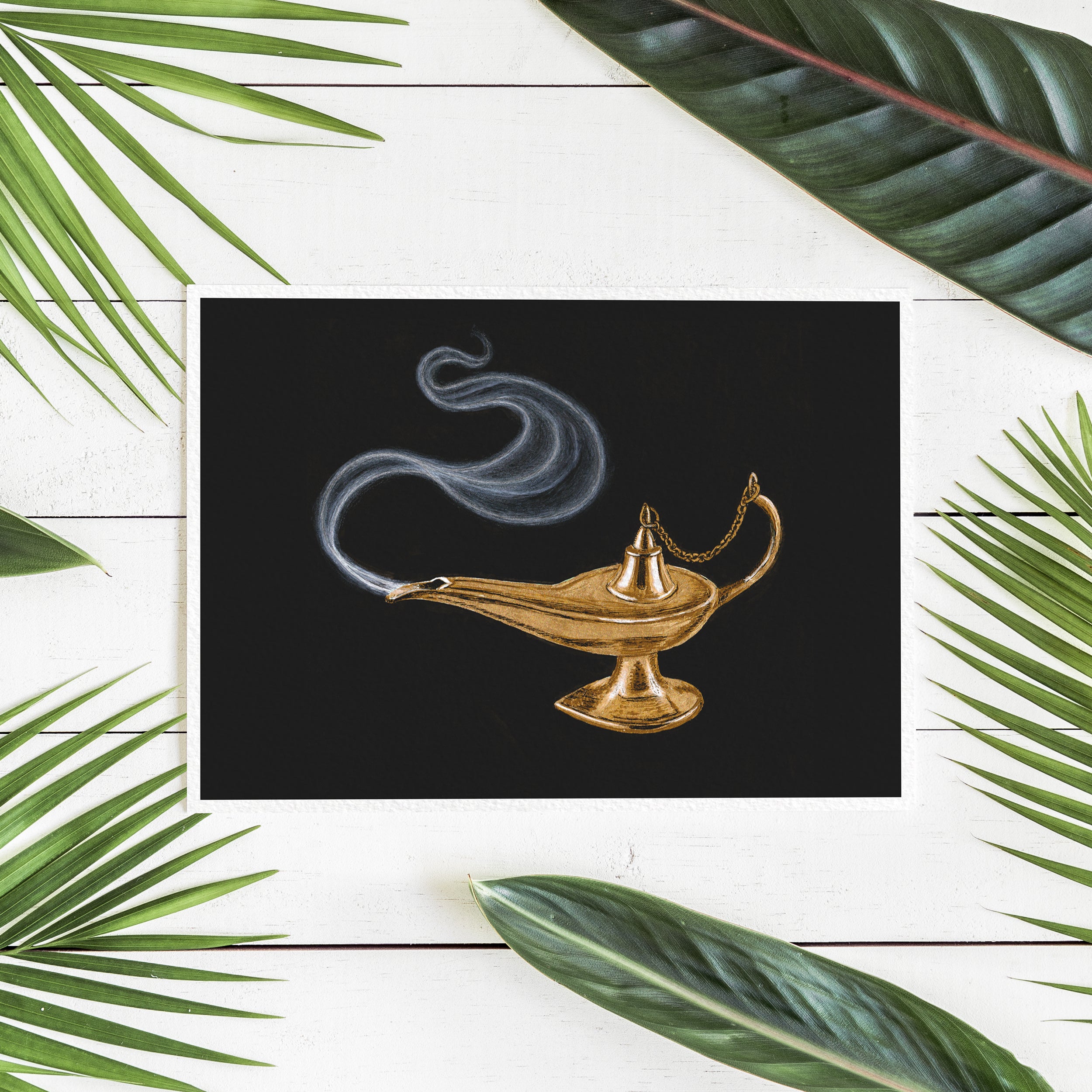 Aladdin Lamp, Brass Oil Lamp Illustration with Magic Genie smoke coming out, drawn in retro style fitting the One Thousand and One Nights Arabian Nights Fairytale vibe - Handmade art print by Kimro Studio