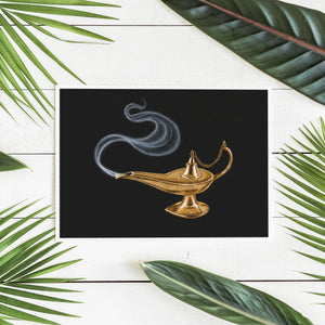 Aladdin Lamp, Brass Oil Lamp Illustration with Magic Genie smoke coming out, drawn in retro style fitting the One Thousand and One Nights Arabian Nights Fairytale vibe - Handmade art print by Kimro Studio