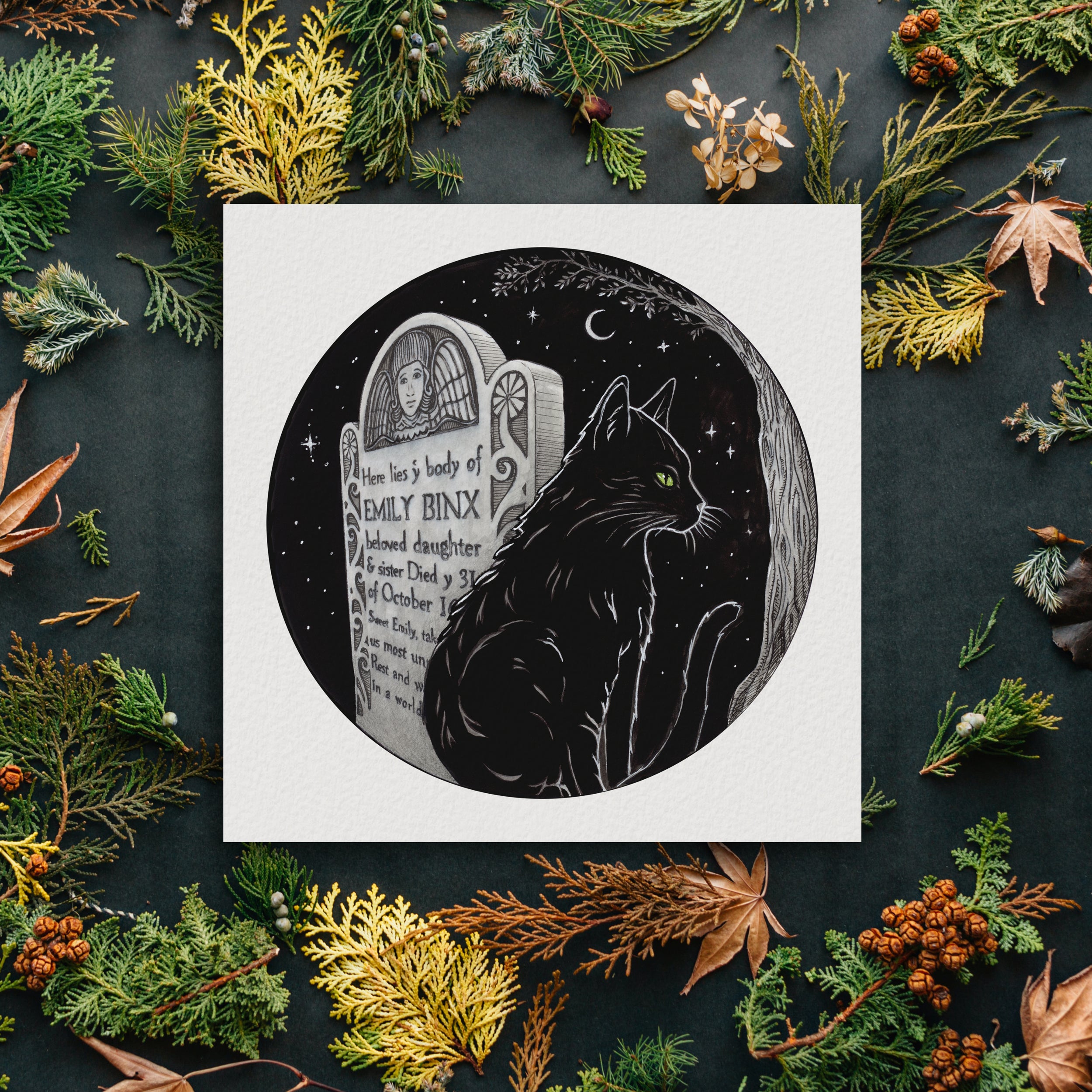 Thackery Binx Hocus Pocus Black Cat Halloween Decor, Witchy Salem Cemetery Gravestone Memento Mori, Handmade Art Print by Kimro Studio