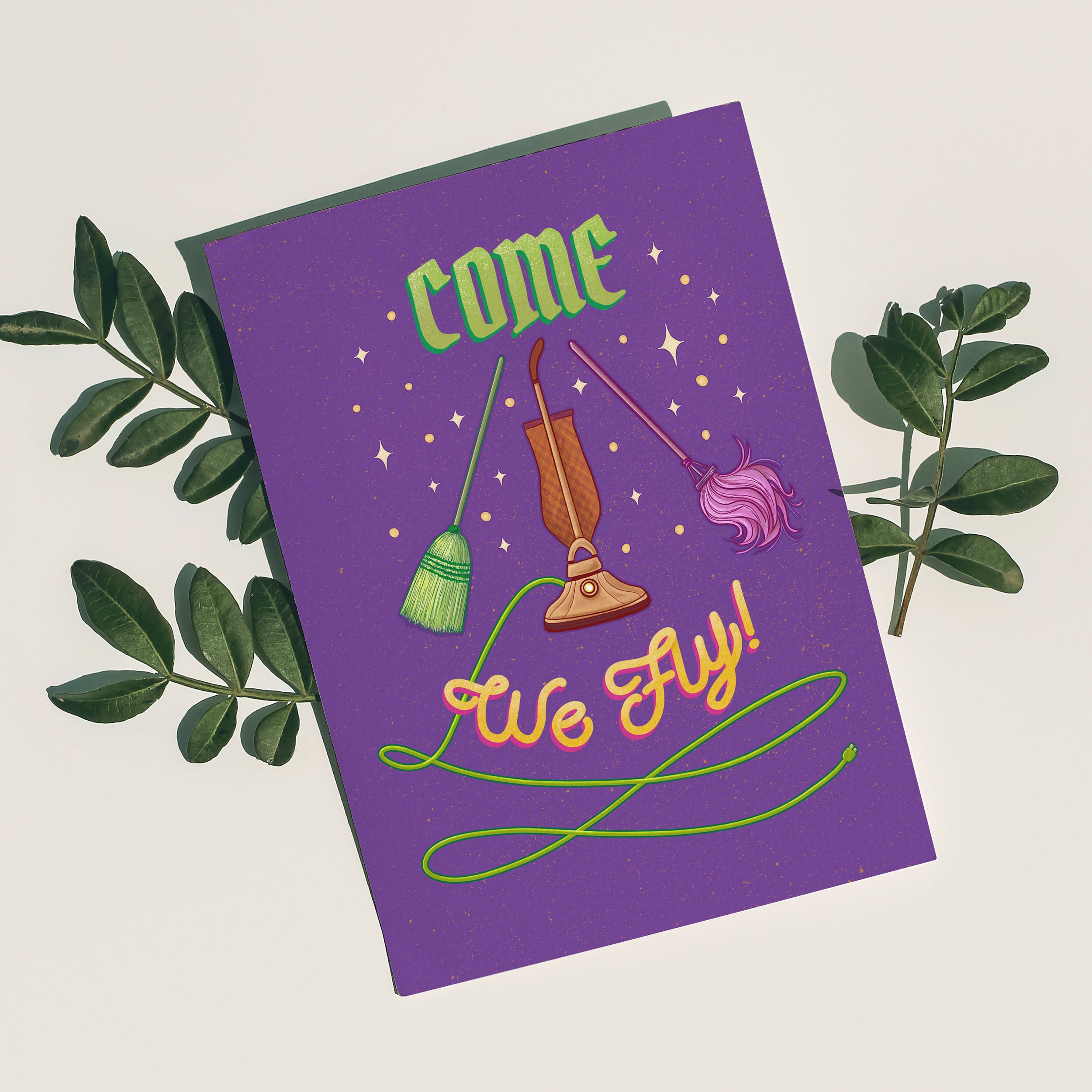 Hocus Pocus purple Halloween greeting card with Sanderson Sisters witch's broom vacuum and mop and the words Come We Fly!