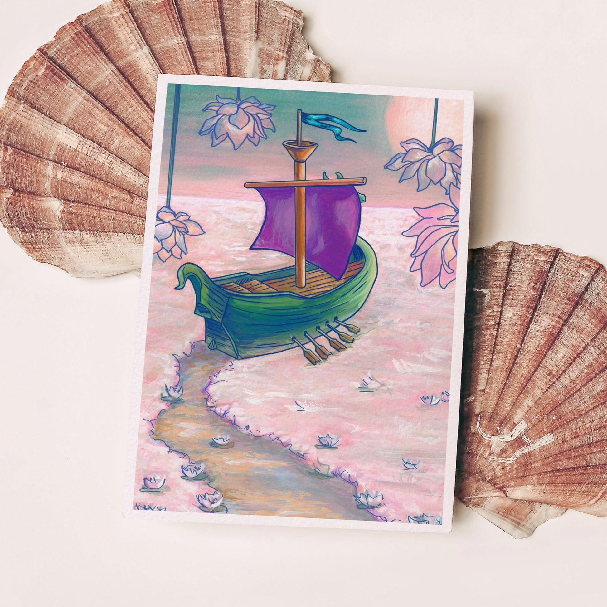 Voyage of the Dawn Treader dragon Viking ship sailing across the Narnia Sea covered in pink and white lotus flowers to find Aslan's country, handmade art print by Kimro Studio