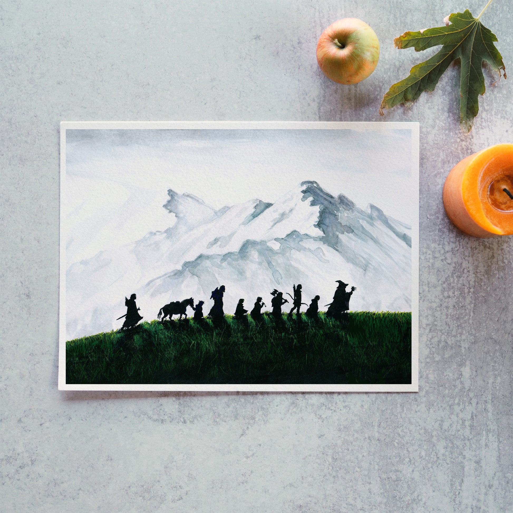 LOTR Fellowship of the Ring on a epic journey traveling from Rivendell to Mordor, past snowy mountains and grassy plains to Destroy the One Ring, Lord of the Rings Handmade Art Print by Kimro Studio