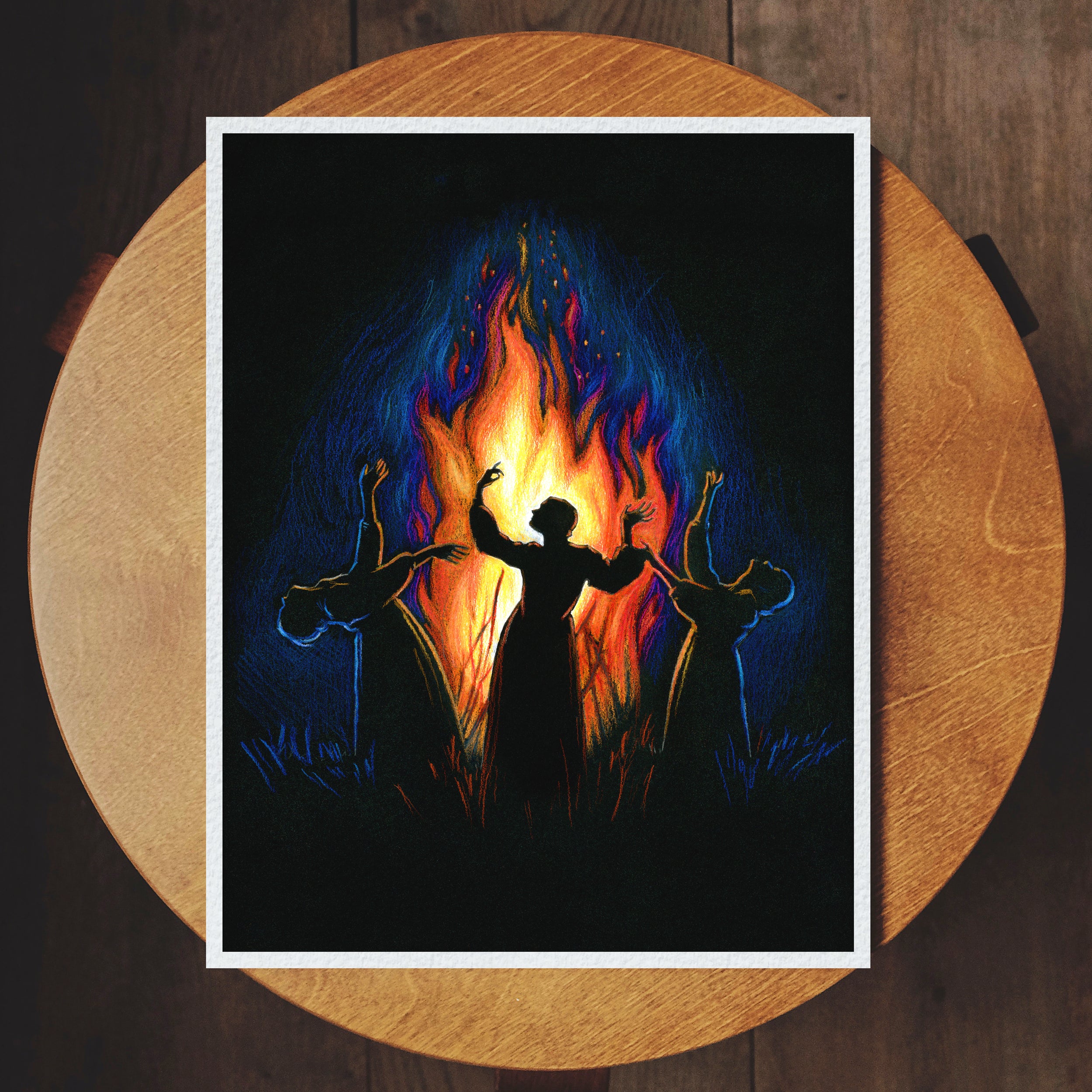 3 witchy women dancing in the firelight dark moody Halloween Samhain art print by Kimro Studio