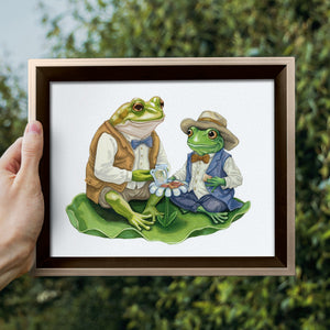 Frog and Toad sitting on a lily pad eating sandwiches, art print of original gouache watercolor painting by Kimro Studio