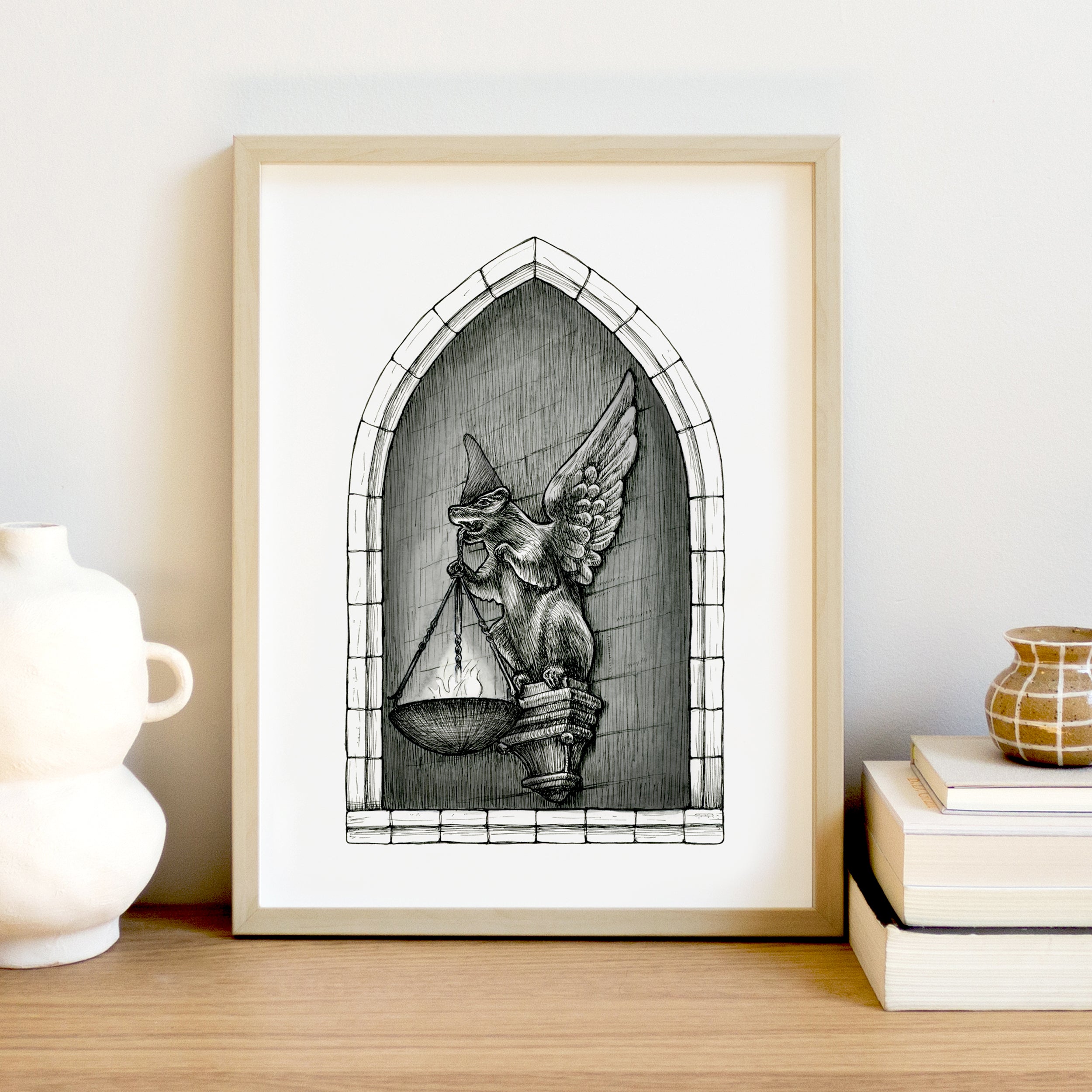 Wizard Castle Gargoyle winged badger holding fire torch on stone walls black and white art print by Kimro Studio