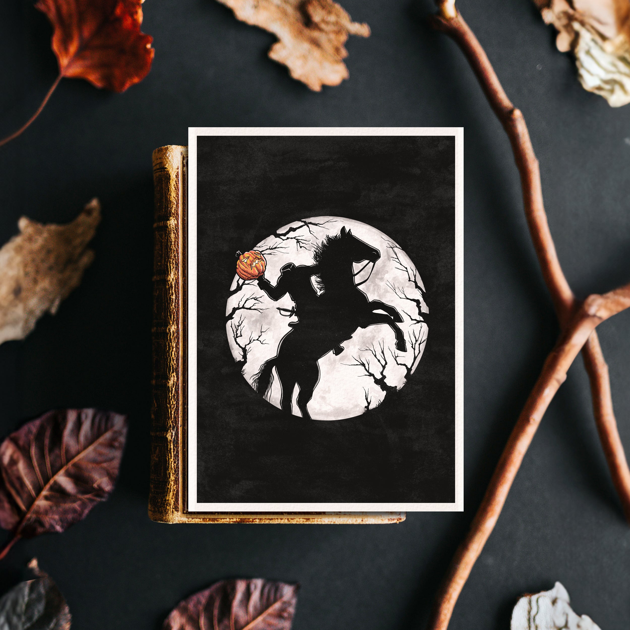 Headless Horseman Halloween Décor Watercolor Painting, Legend of Sleepy Hollow Full Moon Jack o Lantern Pumpkin Head on Ghost Horse, Handmade Art Print by Kimro Studio