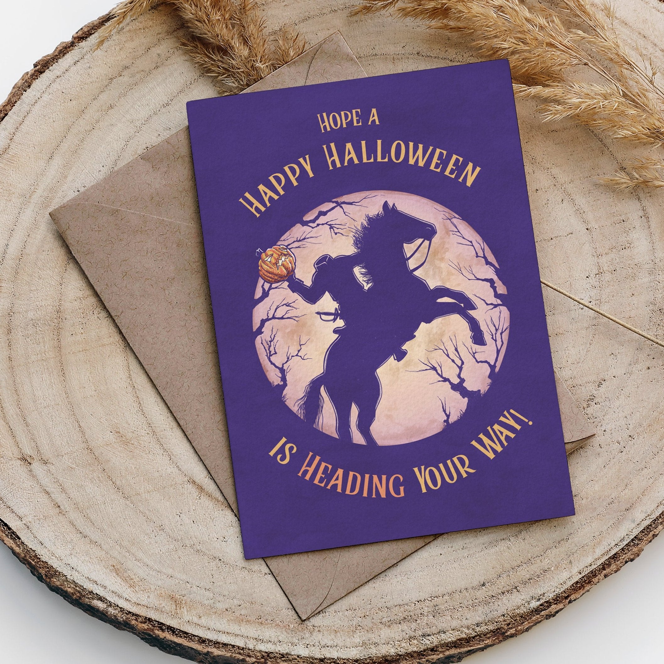 Headless Horseman Funny Halloween Card, Ghost holding his Jack o Lantern head in front of full moon, Sustainable Handmade Greeting Card by Kimro Studio