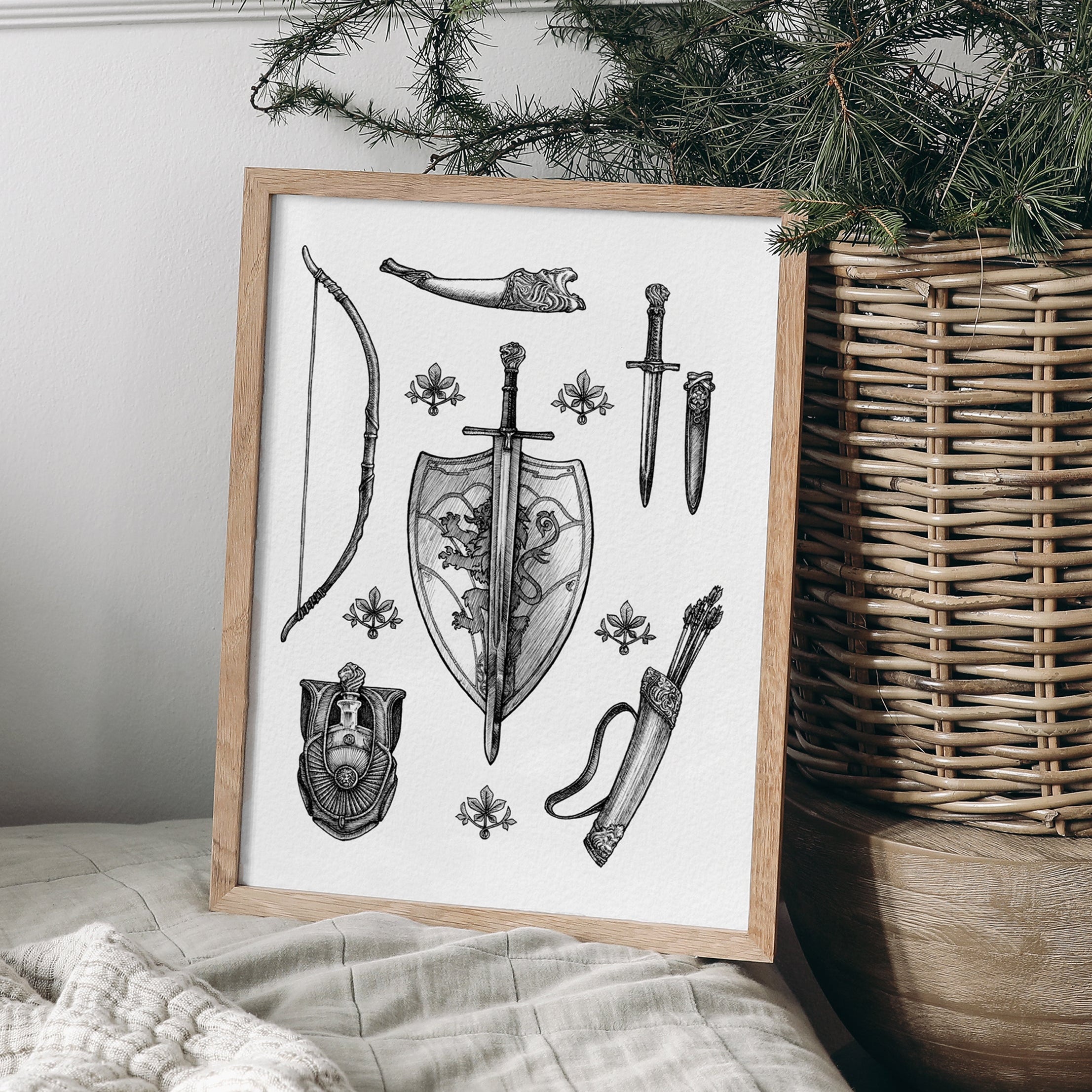 Black and white illustration of medieval weapons and armor from Narnia given to Lucy, Susan, and Peter Pevensie by Father Christmas.