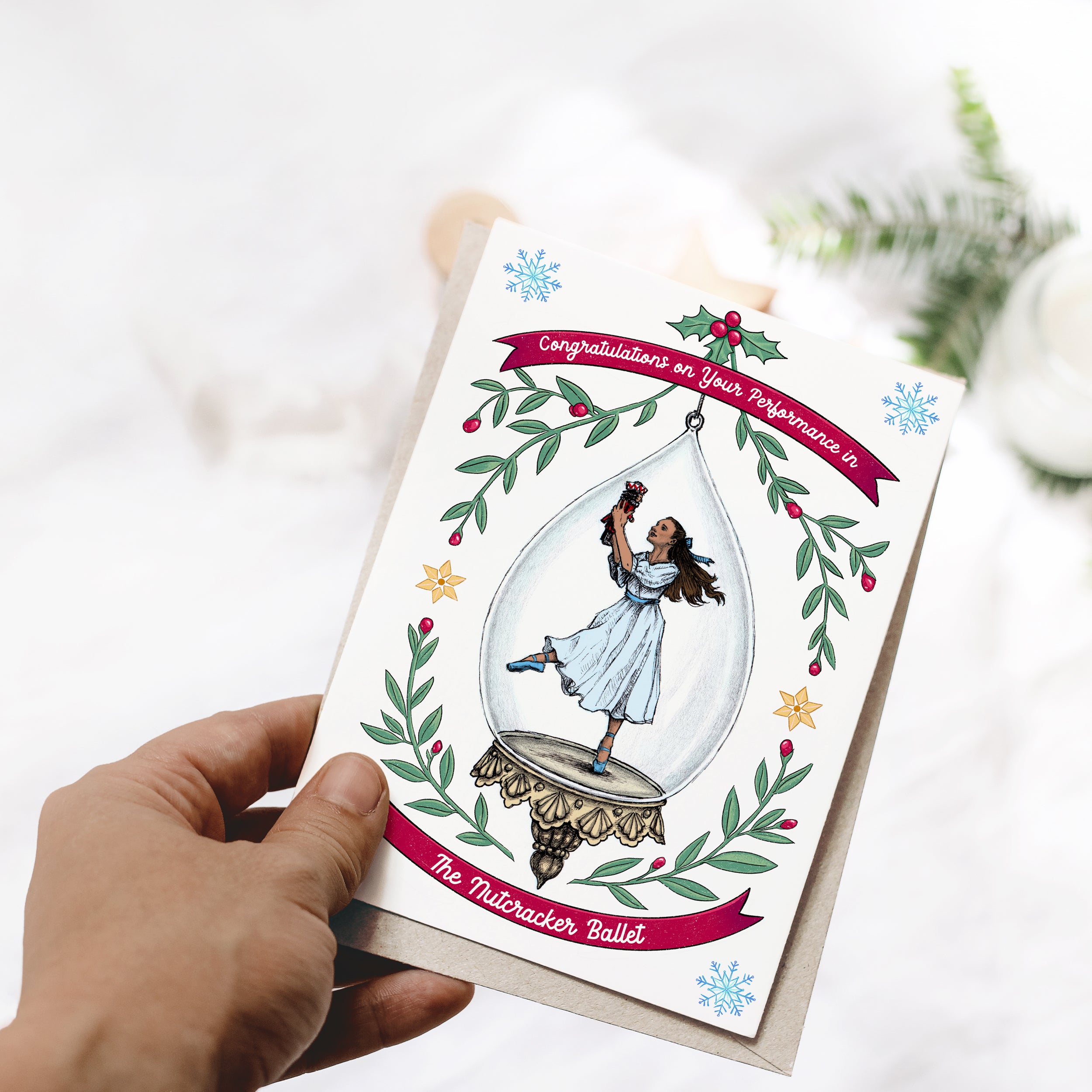 Personalized Nutcracker Ballet Christmas Card showing the ballerina Clara dancing with her Nutcracker, Given to dancer or cast member with Diverse Skin Tones to choose from, Handmade Greeting Card by Kimro Studio