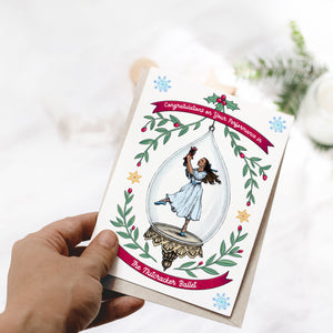 Personalized Nutcracker Ballet Christmas Card showing the ballerina Clara dancing with her Nutcracker, Given to dancer or cast member with Diverse Skin Tones to choose from, Handmade Greeting Card by Kimro Studio