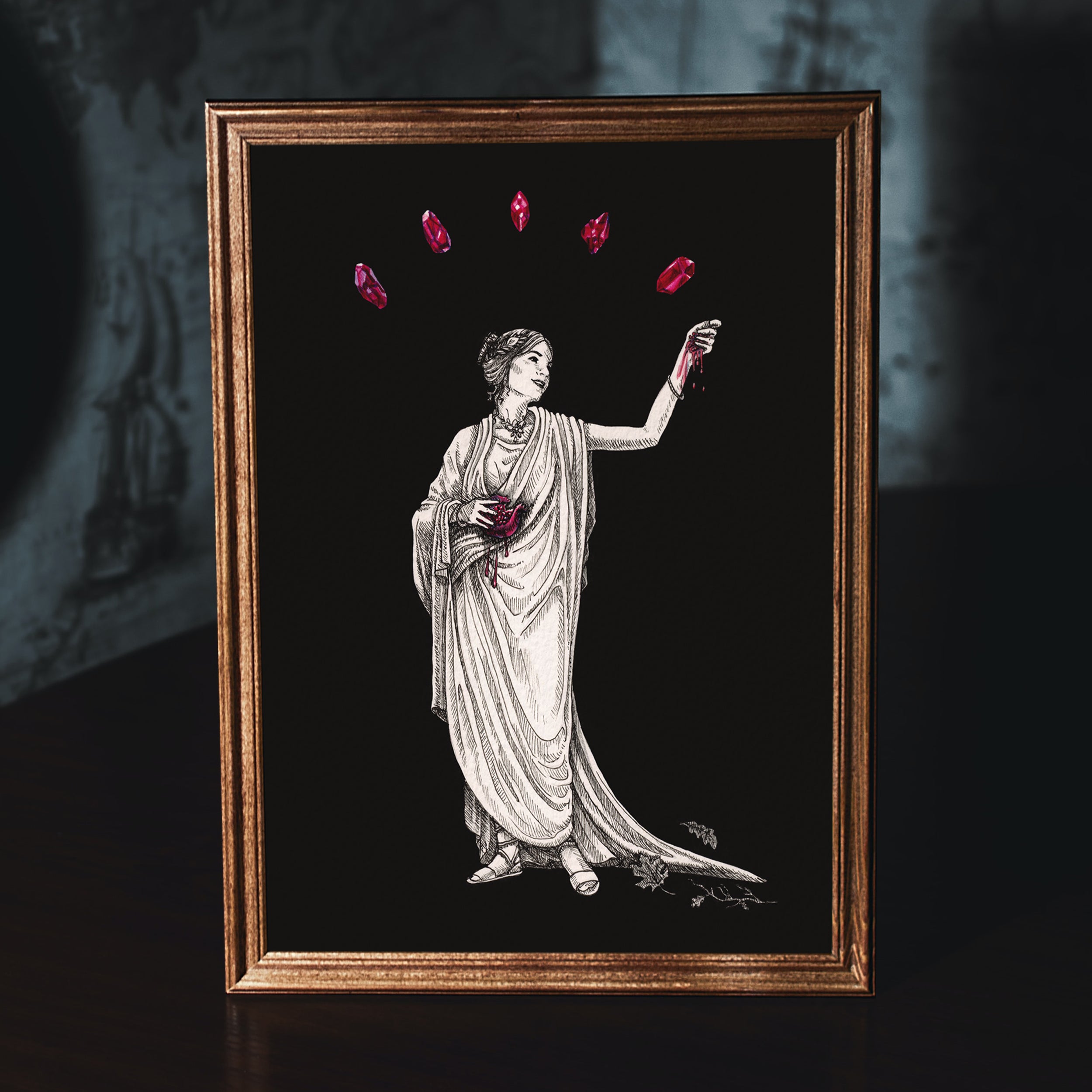 Persephone goddess of Spring from ancient Greek mythology holding the pomegranate seeds that Hades god of the underworld gave to her and surrounded by symbolic red garnet gems, handmade art print by Kimro Studio