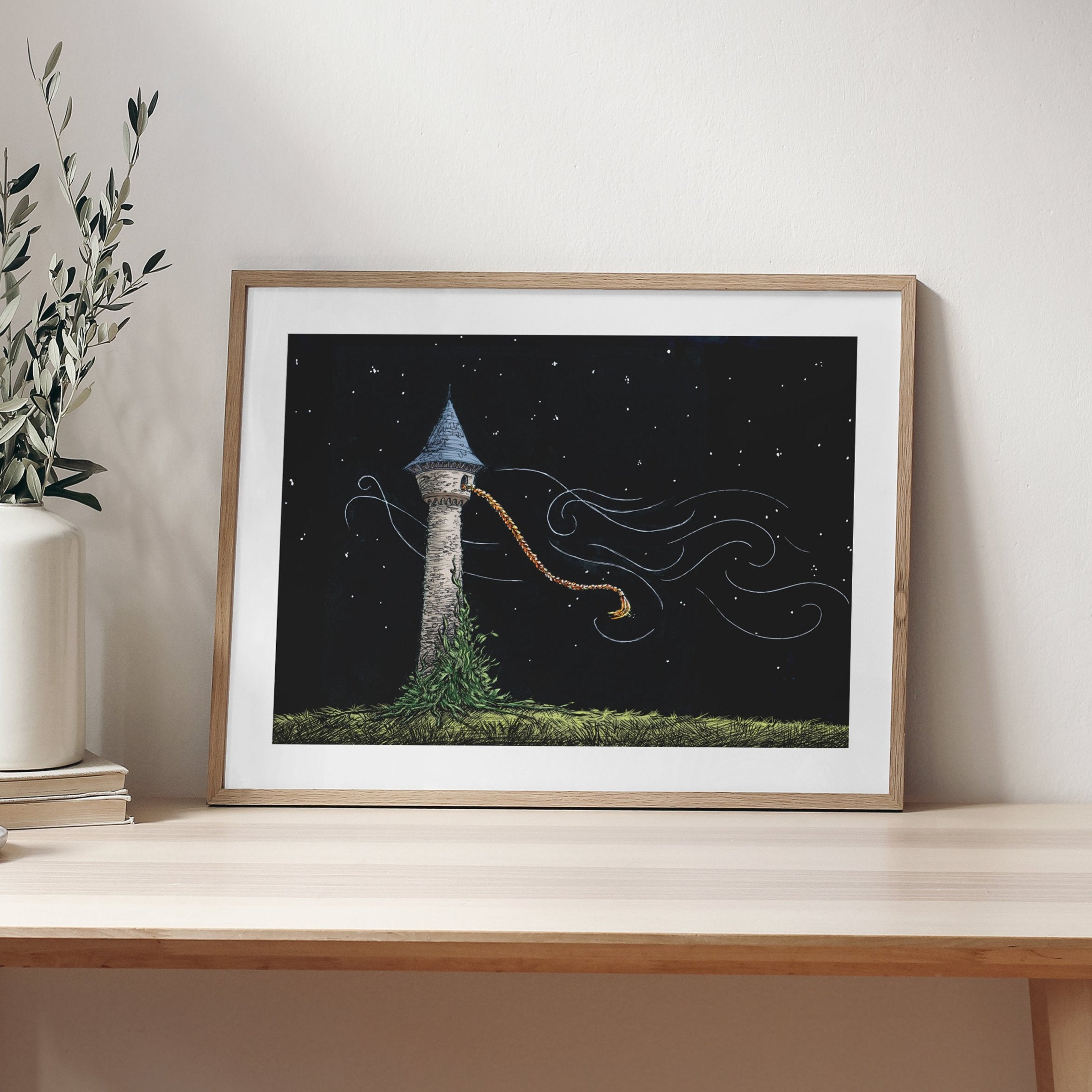 Rapunzel Tower Dark Cottagecore Whimsical Fairytale Illustration, Princess Nursery Decor Handmade Art Print by Kimro Studio