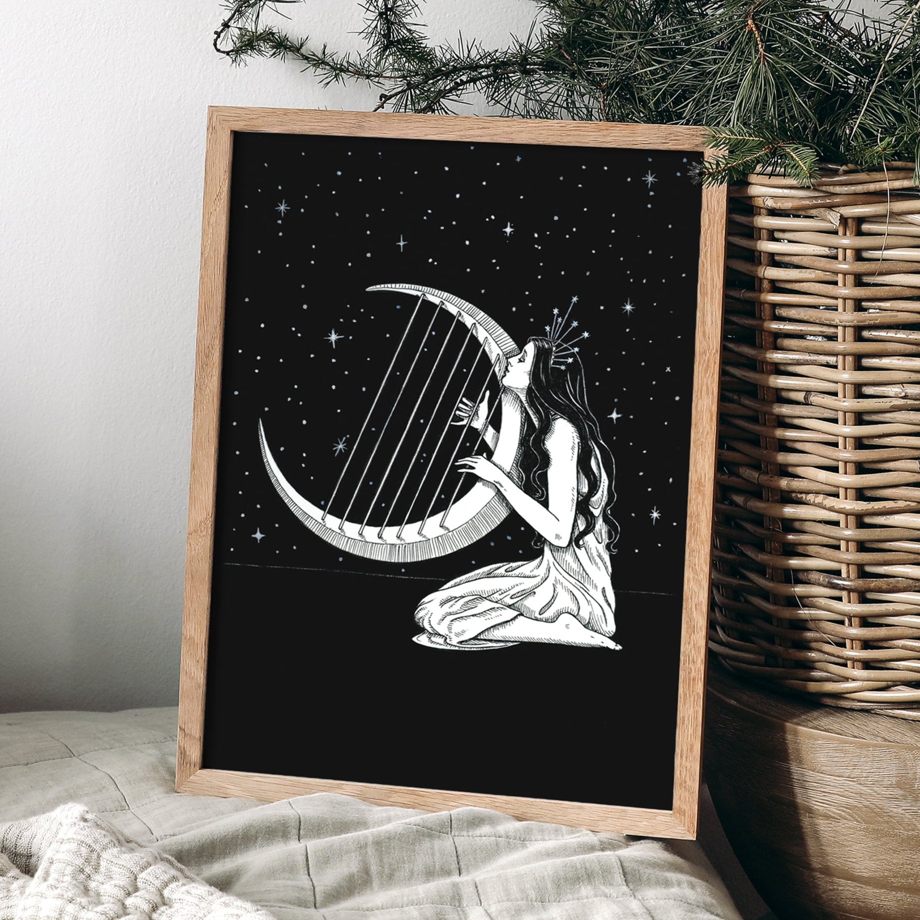 Selene Moon goddess ancient Greek Mythology playing hard surrounded by celestial night sky or stars and galaxy handmade art print by Kimro Studio