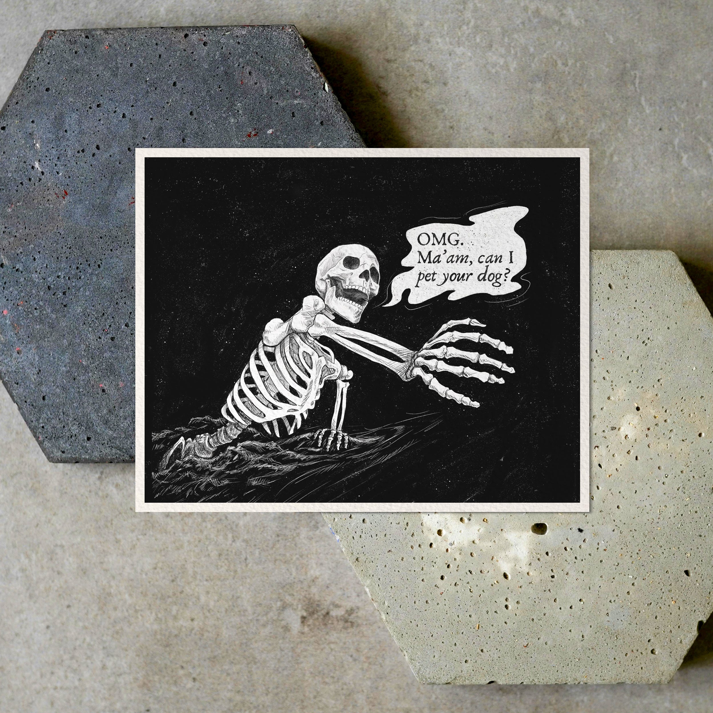 Funny Skeleton Dog Lover Handmade Art Print, Whimsigoth Dark Moody Decor Black and White Illustration, Spooky Season Cute Wall Art by Kimro Studio