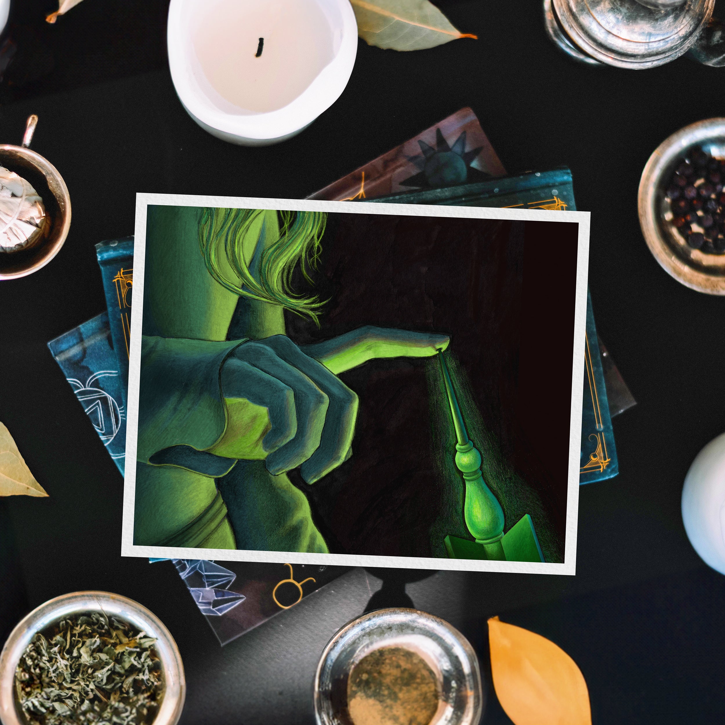 A black and green handmade art print of Sleeping Beauty touching Maleficent's cursed spinning wheel