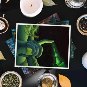 A black and green handmade art print of Sleeping Beauty touching Maleficent's cursed spinning wheel