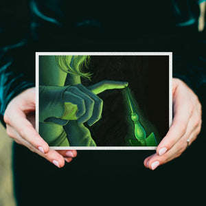 A black and green handmade art print of Sleeping Beauty touching Maleficent's cursed spinning wheel