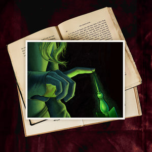 A black and green handmade art print of Sleeping Beauty touching Maleficent's cursed spinning wheel