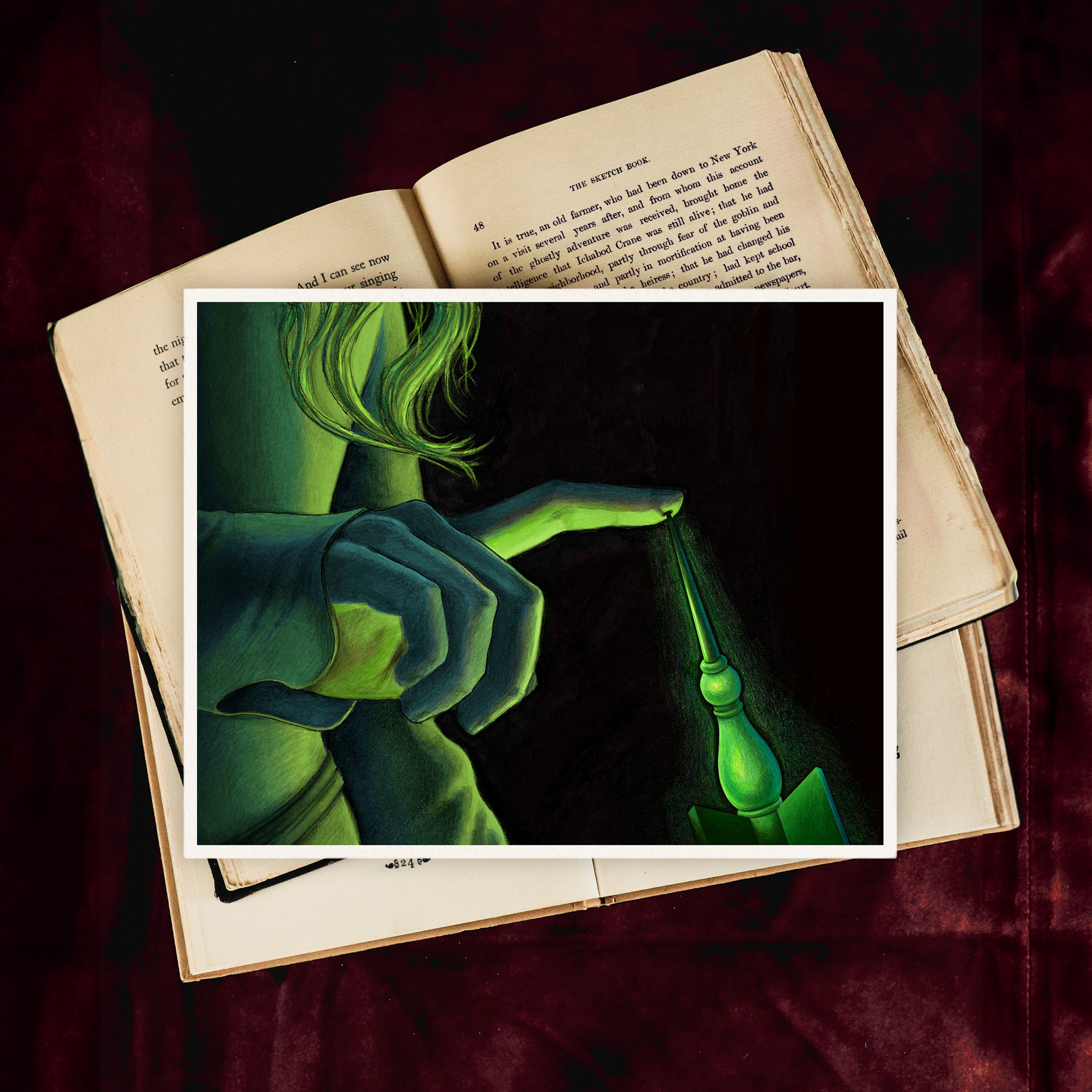 A black and green handmade art print of Sleeping Beauty touching Maleficent's cursed spinning wheel