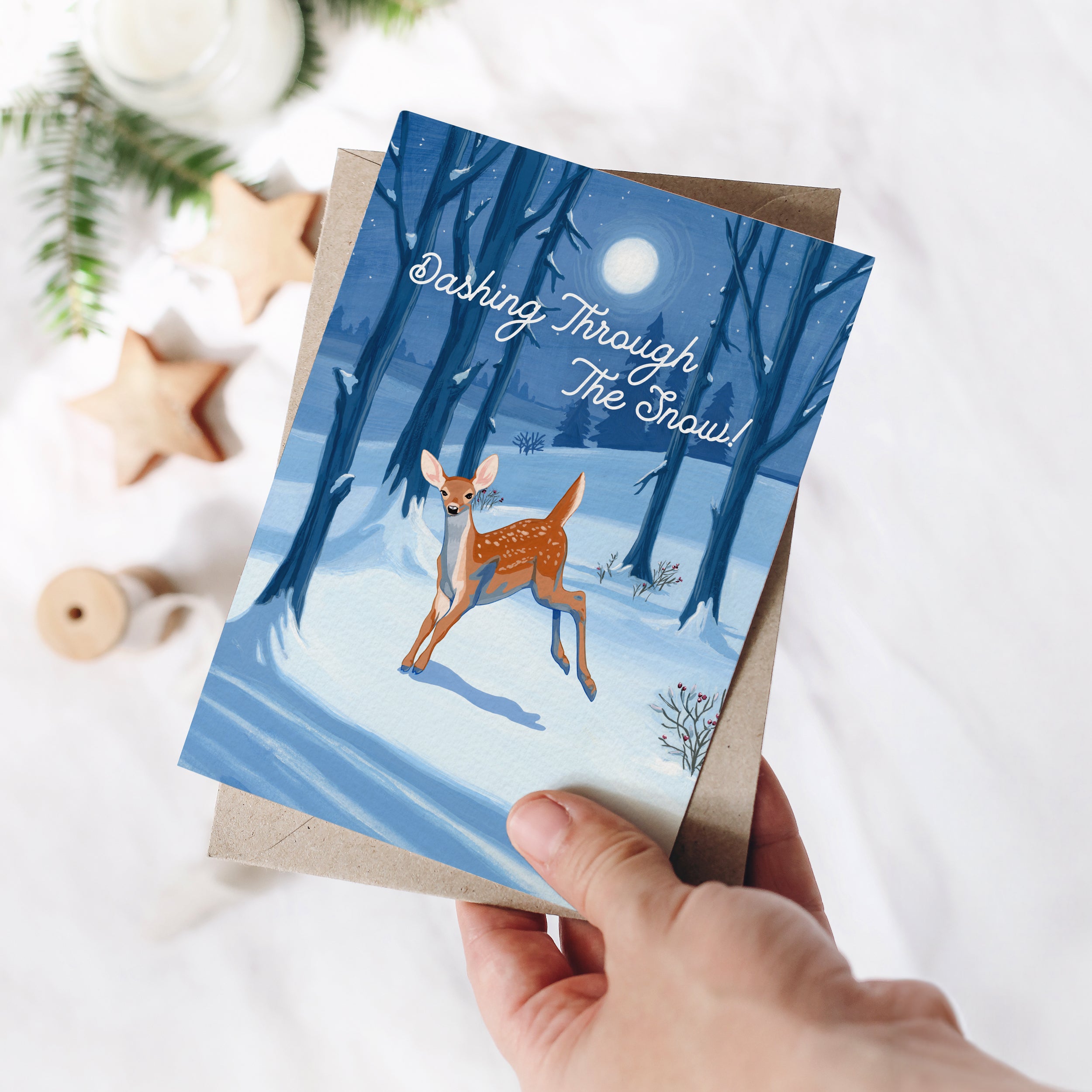 Woodland Deer Christmas Card, Personalized Stationery, Handmade Holiday Greeting Card, Cottagecore Animal Winter Wondlerland Landscape Painting by Kimro Studio