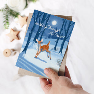 Woodland Deer Christmas Card, Personalized Stationery, Handmade Holiday Greeting Card, Cottagecore Animal Winter Wondlerland Landscape Painting by Kimro Studio