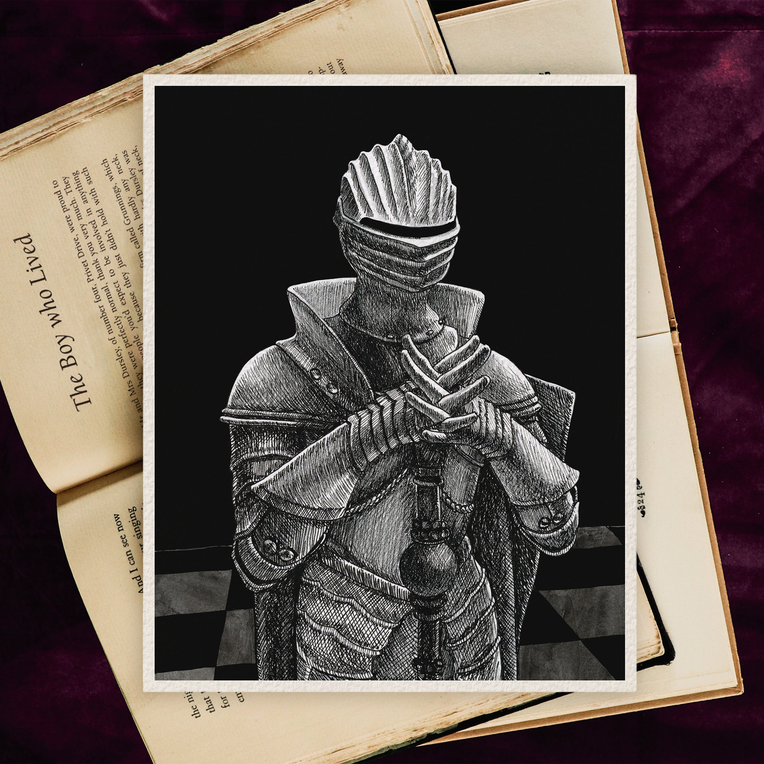 The Queen Chess Piece in a game of Wizard Chess at Hogwarts with Harry Potter, fantasy magical ink illustration, handmade art print by Kimro Studio