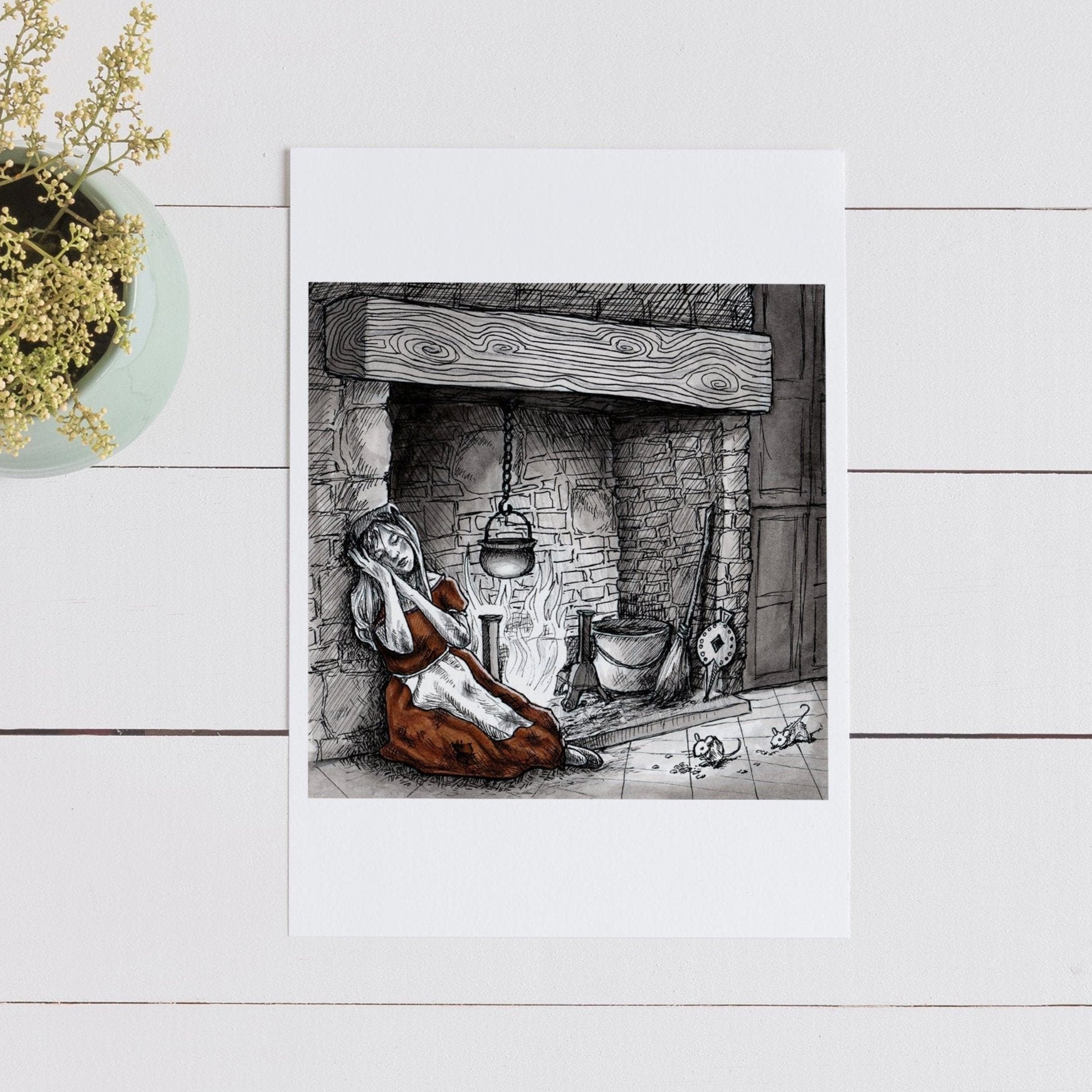 Cinderella Sleeping by Fireplace Art Print