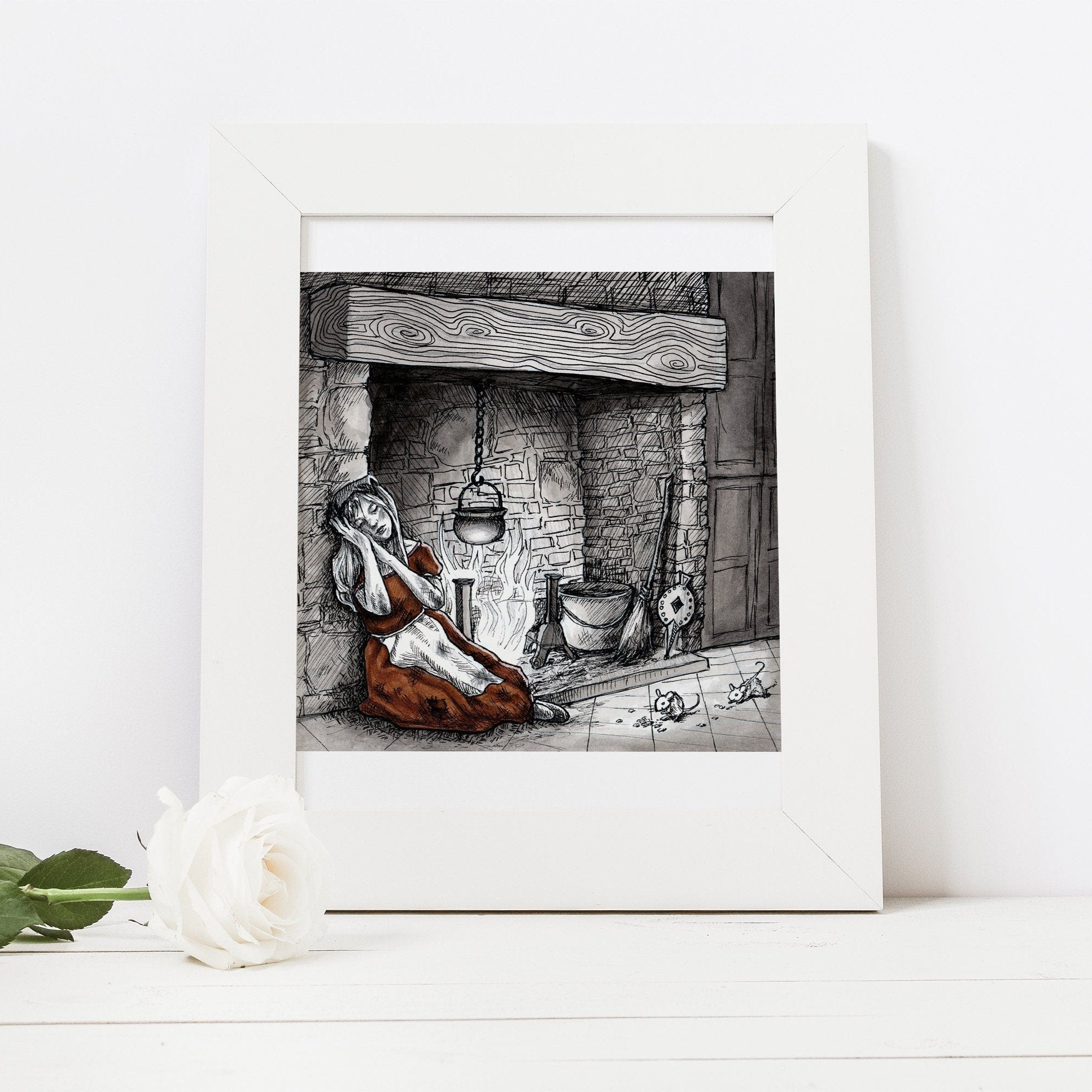 Cinderella Sleeping by Fireplace Art Print