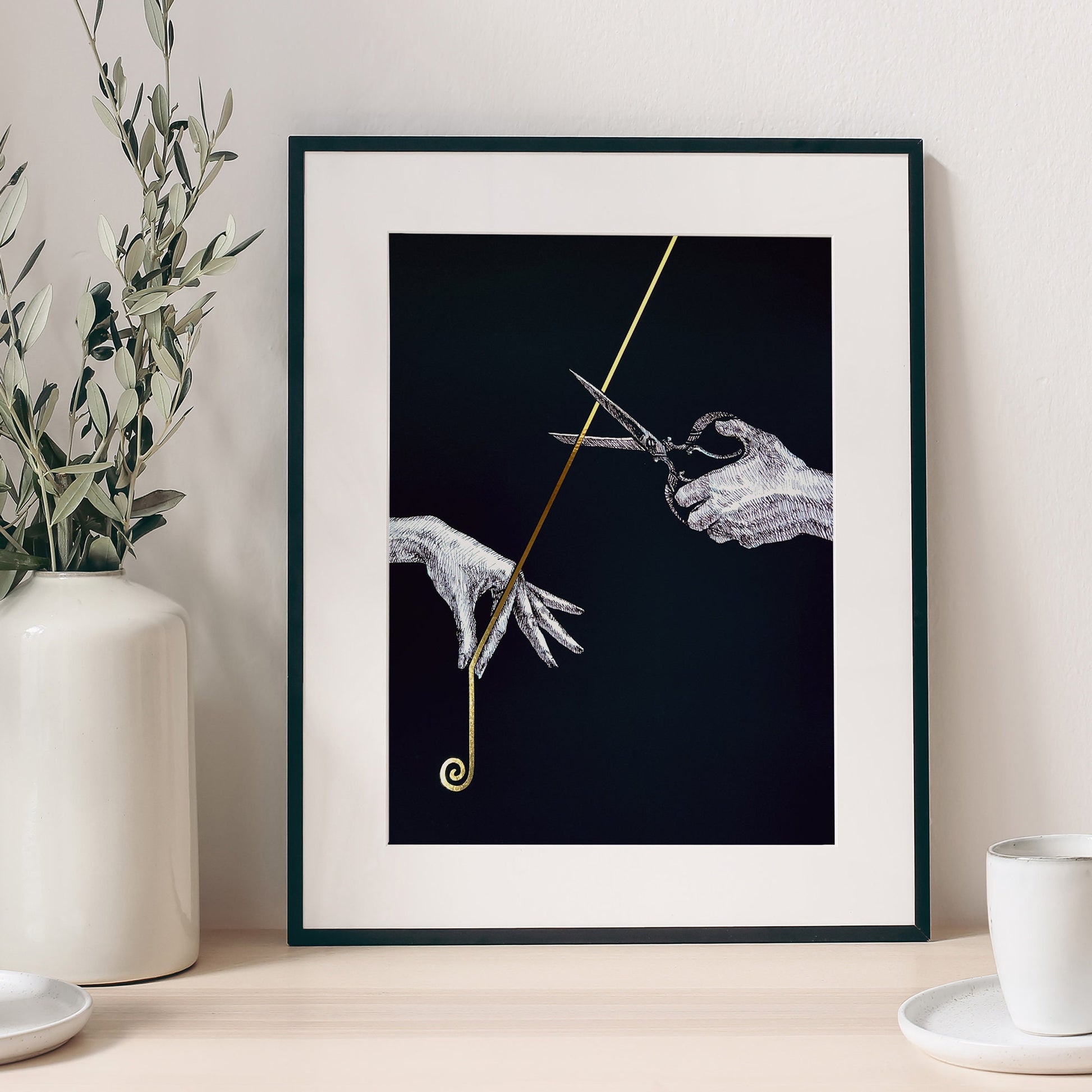 The Fates ancient Greek mythology three women holding and cutting the mortal thread of life gold foiled art print by Kimro Studio