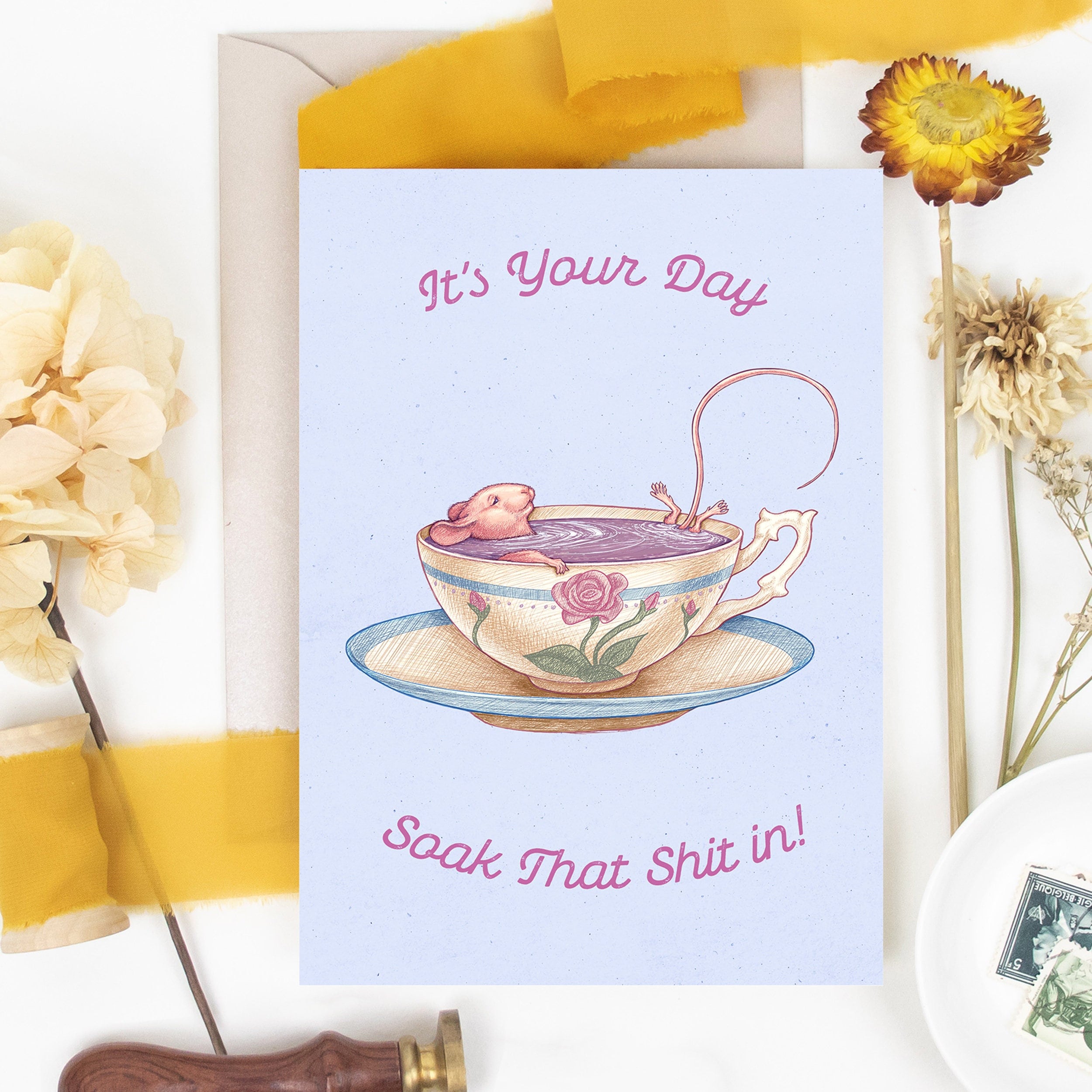 Mouse in a Cozy Teacup Bath Greeting Card