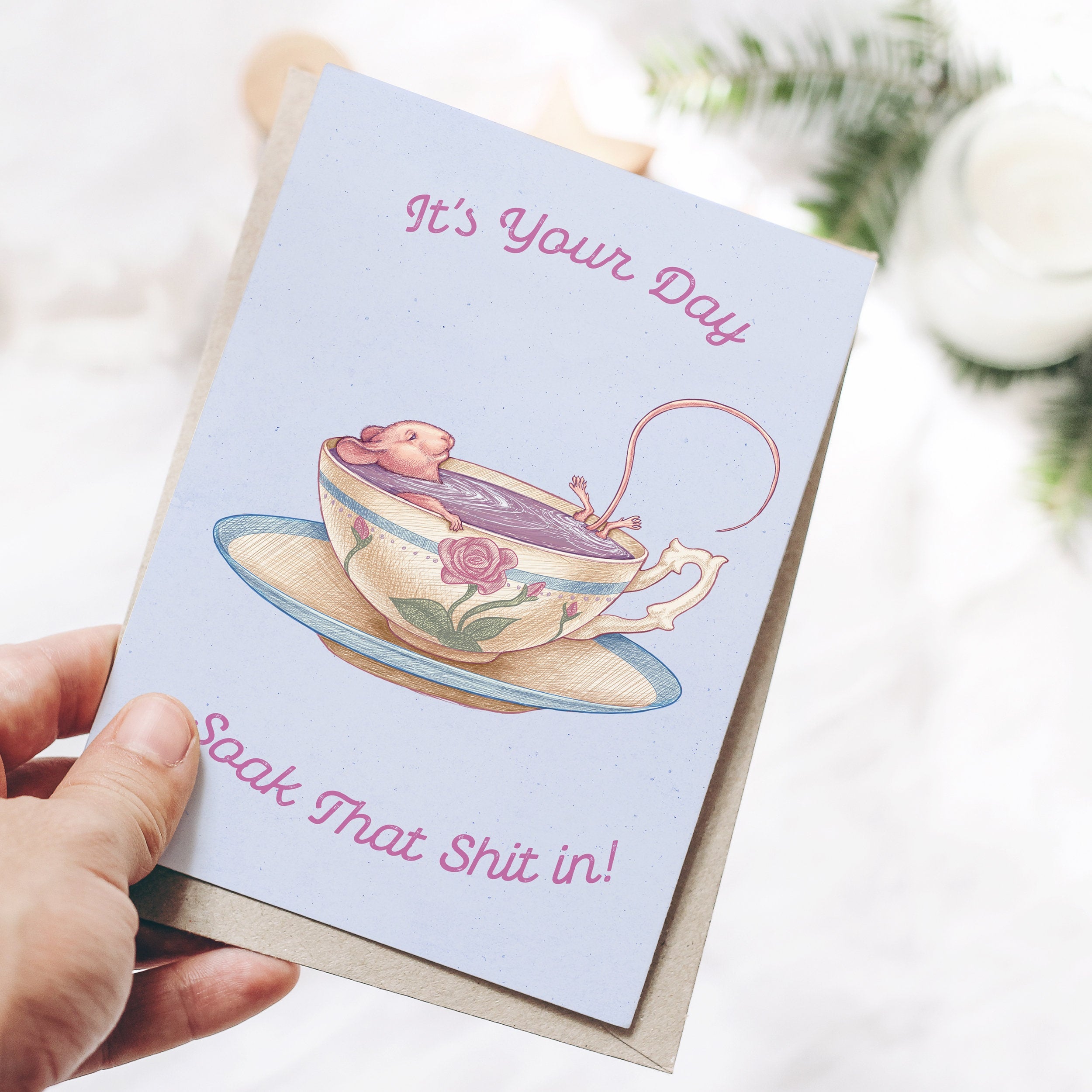 Mouse in a Cozy Teacup Bath Greeting Card